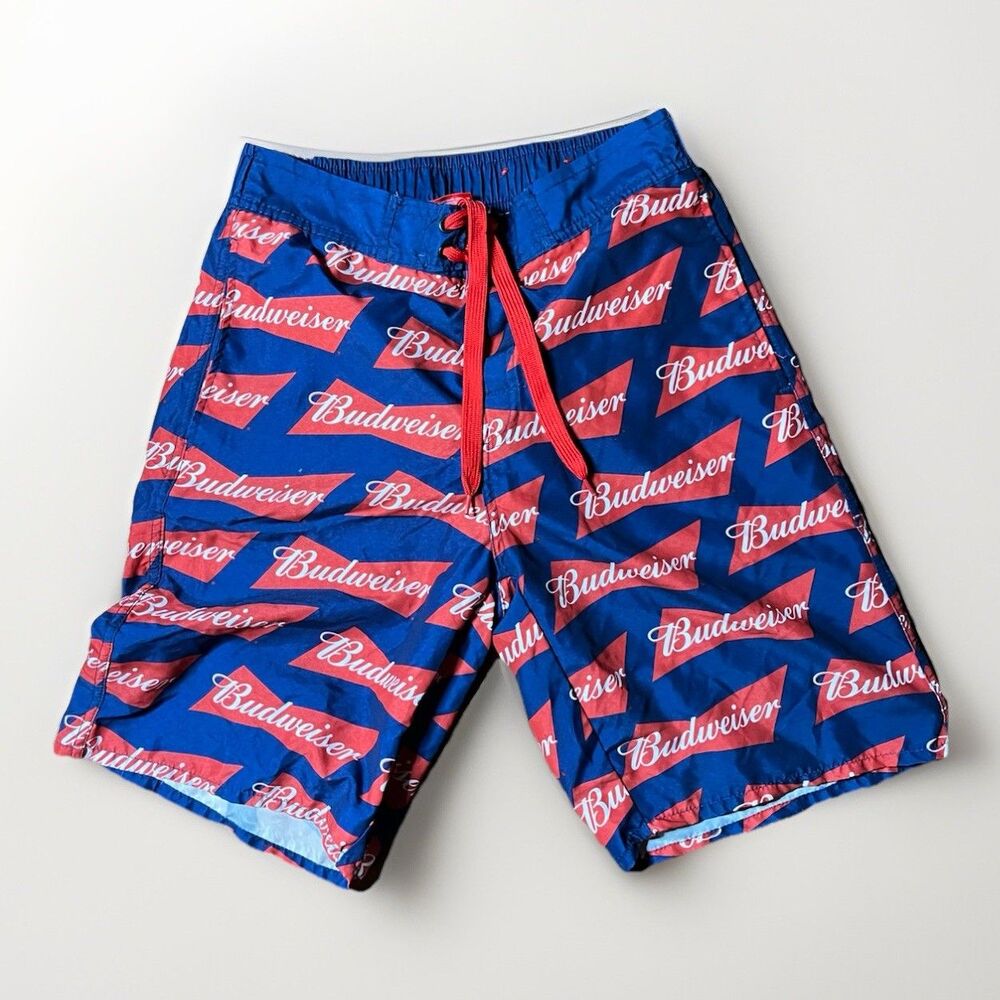 Budweiser Beer Logo Swim Trunks Mens Small Blue Red Board Shorts Mesh Lined
